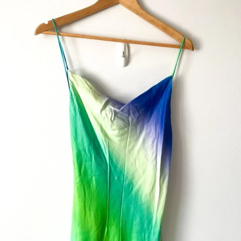 Zara Multicolored Tie Dye Satin Effect Cross Back Midi Dress Blue Green Ombre XS